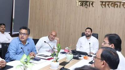 Bihar deputy chief minister Tejashwi Yadav at a meeting to review working of education department along with minister Chandrashekhar (second from left) (File Photo) Bihar deputy chief minister Tejashwi Yadav at a meeting to review working of education department along with minister Chandrashekhar (second from left) (File Photo)