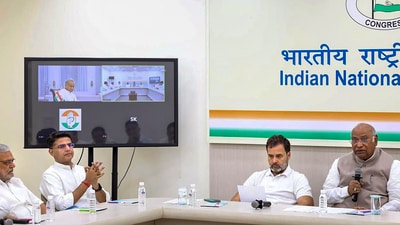 Congress president Mallikarjun Kharge with party leaders Rahul Gandhi and Sachin Pilot during a meeting on Rajasthan, in New Delhi. (PTI) Congress president Mallikarjun Kharge with party leaders Rahul Gandhi and Sachin Pilot during a meeting on Rajasthan, in New Delhi. (PTI)