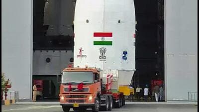 Encapsulated assembly containing Chandrayaan-3 is mated with LVM3 at Satish Dhawan Space Centre in Sriharikota on Wednesday. (ANI)