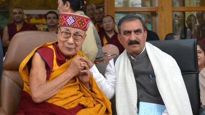 Himachal Pradesh chief minister Sukhvinder Singh Sukhu felicitating Tibetan spiritual leader the Dalai Lama on his birthday at Tsuglakhang Temple at McLeodganj near Dharamshala on Thursday. (HT Photo) Himachal Pradesh chief minister Sukhvinder Singh Sukhu felicitating Tibetan spiritual leader the Dalai Lama on his birthday at Tsuglakhang Temple at McLeodganj near Dharamshala on Thursday. (HT Photo)