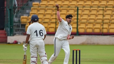 North Zone bowler Harshit Rana celebrates the wicket of South Zone batter Ricky Bhui (PTI) North Zone bowler Harshit Rana celebrates the wicket of South Zone batter Ricky Bhui (PTI)