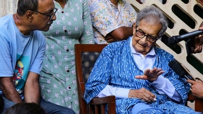 Nobel Laureate Amartya Sen during an interaction with students of Visva-Bharati University at his ancestral home �Pratichi�, at Santiniketan in Birbhum district, (PTI) Nobel Laureate Amartya Sen during an interaction with students of Visva-Bharati University at his ancestral home �Pratichi�, at Santiniketan in Birbhum district, (PTI)