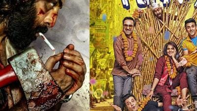 Posters of Animal, Fukrey 3, and a still from the teaser of Dream Girl 2. Posters of Animal, Fukrey 3, and a still from the teaser of Dream Girl 2.