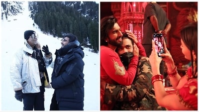 Ranveer Singh poses with Karan Johar during Rocky Aur Rani Kii Prem Kahaani shoot. Ranveer Singh poses with Karan Johar during Rocky Aur Rani Kii Prem Kahaani shoot.