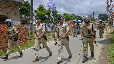 Security personnel conduct a route march ahead of the West Bengal panchayat elections, in Nadia, Thursday. (PTI) Security personnel conduct a route march ahead of the West Bengal panchayat elections, in Nadia, Thursday. (PTI)