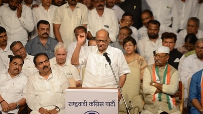 NCP chief Sharad Pawar with party leader Jayant Patil and others during the party meeting at Y B Chavan Centre,, at Nariman Point, in Mumbai, India, on Wednesday, July 05, 2023. (Photo by Bhushan Koyande/HT Photo) NCP chief Sharad Pawar with party leader Jayant Patil and others during the party meeting at Y B Chavan Centre,, at Nariman Point, in Mumbai, India, on Wednesday, July 05, 2023. (Photo by Bhushan Koyande/HT Photo)