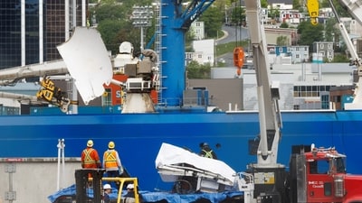 A view of the Horizon Arctic ship, as salvaged pieces of the Titan submersible from OceanGate Expeditions are returned, in St. John's harbour, Newfoundland, Canada June 28, 2023 (REUTERS/David Hiscock) (REUTERS)