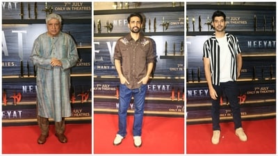 Javed Akhtar, Gulshan Devaiah and Pavail Gulati were seen at Neeyat screening. Gulshan said about the film on his Instagram Stories, “Enjoy the guessing game. I only got a little part of it right." Javed Akhtar, Gulshan Devaiah and Pavail Gulati were seen at Neeyat screening. Gulshan said about the film on his Instagram Stories, “Enjoy the guessing game. I only got a little part of it right."