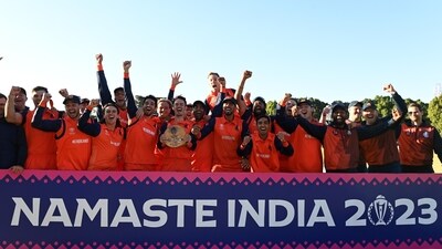 Netherlands players celebrate after beating Scotland to qualify for 2023 World Cup (ICC) Netherlands players celebrate after beating Scotland to qualify for 2023 World Cup (ICC)