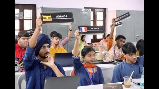 A session of the Model United Nations in progress at La Martiniere Girls’ College, in Lucknow, on Thursday (HT Photo)