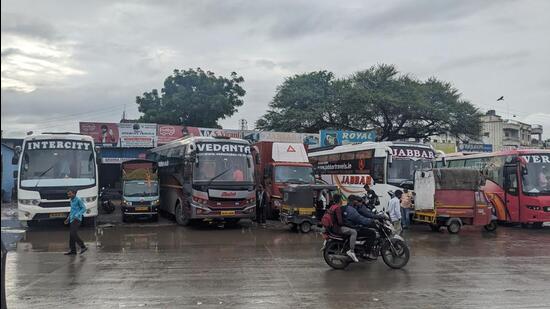 Private buses at Sangamwadi bus stand in Pune. Pune RTO exercise of inspecting buses is carried out after the death of 25 passengers in an accident involving a private travel bus on the Samruddhi Mahamarg. (SHANKAR NARAYAN/HT)