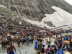 Amarnath: Pilgrims on their way to the holy cave shrine of Amarnath, in Jammu & Kashmir.