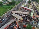 FILE PHOTO: A drone view shows derailed coaches after trains collided in Balasore district in the eastern state of Odisha. (REUTERS)