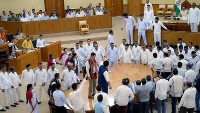 A ruckus broke out between the MLAs of the Bharatiya Janata Party and Tipra Motha Party during the Budget Session of Tripura assembly,on Friday. (ANI) A ruckus broke out between the MLAs of the Bharatiya Janata Party and Tipra Motha Party during the Budget Session of Tripura assembly,on Friday. (ANI)