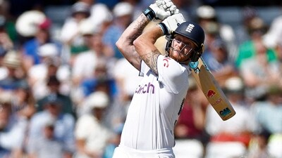 England's Ben Stokes hits a six off the bowling of Australia's Todd Murphy (Action Images via Reuters)