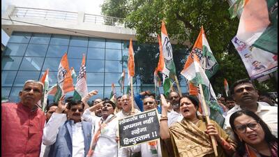 Congress leaders stage a protest in Patna on Friday in support of party leader Rahul Gandhi after Gujarat High Court dismissed his plea seeking a stay on his conviction in a criminal defamation case. (Santosh Kumar/HT) Congress leaders stage a protest in Patna on Friday in support of party leader Rahul Gandhi after Gujarat High Court dismissed his plea seeking a stay on his conviction in a criminal defamation case. (Santosh Kumar/HT)