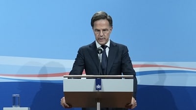 Prime Minister Mark Rutte delivers a press conference following a cabinet meeting after the collapse of the Rutte IV cabinet in The Hague on July 7, 2023. (AFP) Prime Minister Mark Rutte delivers a press conference following a cabinet meeting after the collapse of the Rutte IV cabinet in The Hague on July 7, 2023. (AFP)
