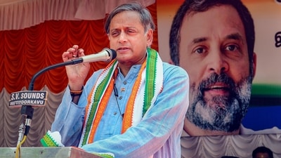 Thiruvananthapuram: Senior Congress leader Shashi Tharoor speaks during party's 'Satyagraha' against disqualification of Congress leader Rahul Gandhi from the Lok Sabha, in Thiruvananthapuram, Sunday, March 26, 2023. (PTI Photo)(PTI03_26_2023_000096B) (PTI) Thiruvananthapuram: Senior Congress leader Shashi Tharoor speaks during party's 'Satyagraha' against disqualification of Congress leader Rahul Gandhi from the Lok Sabha, in Thiruvananthapuram, Sunday, March 26, 2023. (PTI Photo)(PTI03_26_2023_000096B) (PTI)