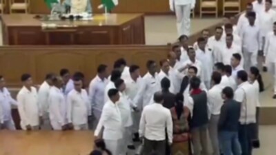 Ruckus in Tripura Assembly during budget session (Twitter Photo) Ruckus in Tripura Assembly during budget session (Twitter Photo)