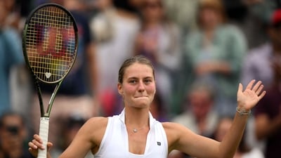 Ukraine's Marta Kostyuk celebrates beating Greece's Maria Sakkari during their women's singles tennis match on the third day of the 2023 Wimbledon Championships at The All England Tennis Club. (AFP) Ukraine's Marta Kostyuk celebrates beating Greece's Maria Sakkari during their women's singles tennis match on the third day of the 2023 Wimbledon Championships at The All England Tennis Club. (AFP)