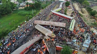 FILE PHOTO: A drone view shows derailed coaches after trains collided in Balasore district in the eastern state of Odisha. (REUTERS) (HT_PRINT)