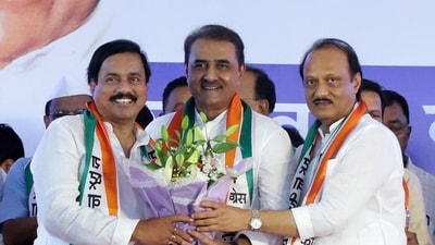 Maharashtra Deputy Chief Minister Ajit Pawar with Nationalist Congress Party (NCP) State Chief Sunil Tatkare and party leader Praful Patel during a meeting of his faction NCP leaders, at MET Bandra in Mumbai on Wednesday. (ANI) Maharashtra Deputy Chief Minister Ajit Pawar with Nationalist Congress Party (NCP) State Chief Sunil Tatkare and party leader Praful Patel during a meeting of his faction NCP leaders, at MET Bandra in Mumbai on Wednesday. (ANI)