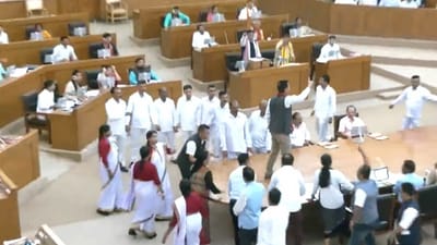 A ruckus broke out between the MLAs of BJP and Tipra Motha party during the 
Tripura Assembly session today.