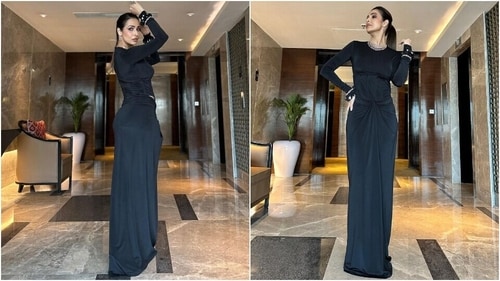 Malaika Arora in an all-black corset blouse and bodycon skirt. (Instagram)