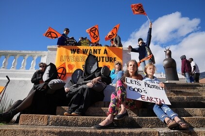 Women during a protest by Extinction Rebellion in Cape Town, South Africa. (Reuters ) Women during a protest by Extinction Rebellion in Cape Town, South Africa. (Reuters )