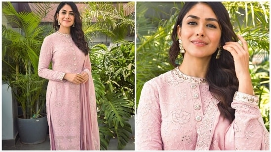Mrunal Thakur treats her Instagram family of more than 9.3 million followers with some dreamy photos of herself in a pink embellished salwar suit.&nbsp;&nbsp;(Instagram/@mrunalthakur)