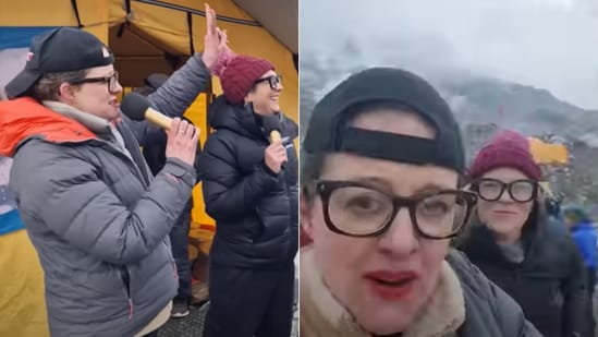 The image shows the two women who went to the base camp of Mount Everest to perform a comedy gig. (YouTube/@guinnessworldrecords)