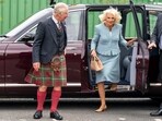 Britain's King Charles III and Queen Camilla arrive at Lochcarron of Scotland.