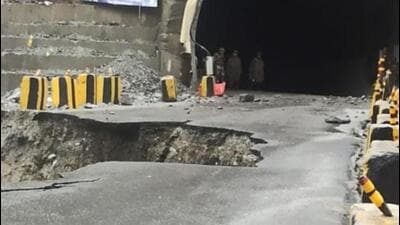 A cave in near the Panthyal tunnel in Ramban amid rain on Saturday. (HT Photo) A cave in near the Panthyal tunnel in Ramban amid rain on Saturday. (HT Photo)