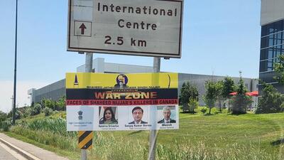 A pro-Khalistan posters threatening Indian diplomats in Canada placed in front of the Bharat Mata Mandir in the Greater Toronto Area on Friday A pro-Khalistan posters threatening Indian diplomats in Canada placed in front of the Bharat Mata Mandir in the Greater Toronto Area on Friday