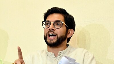 Shiv Sena (Uddhav Balasaheb Thackeray) leader Aaditya Thackeray addresses a press conference, at Matoshree, in Mumbai. (ANI) Shiv Sena (Uddhav Balasaheb Thackeray) leader Aaditya Thackeray addresses a press conference, at Matoshree, in Mumbai. (ANI)