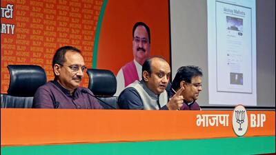 BJP national spokesperson Sudhanshu Trivedi addresses a press conference at the party headquarters in New Delhi on Saturday with Delhi BJP president Virendra Sachdeva. (ANI)