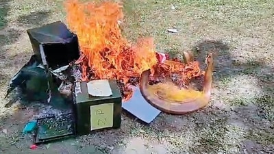 Ballot papers at a polling booth in Cooch Behar were set on fire during polling on Saturday. (ANI) Ballot papers at a polling booth in Cooch Behar were set on fire during polling on Saturday. (ANI)