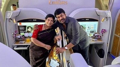 Chiranjeevi and Surekha pose inside their flight. Chiranjeevi and Surekha pose inside their flight.