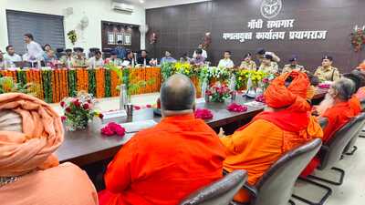 Meeting between seers of 13 Akhadas and officials underway in Prayagraj on Saturday (HT Photo)