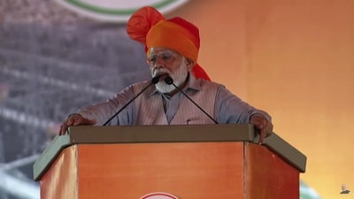 Prime Minister Narendra Modi at a rally in Bikaner. Prime Minister Narendra Modi at a rally in Bikaner.