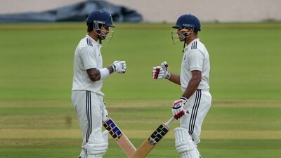 South Zone batters Mayank Agarwal and Tilak Varma against North Zone during the second day of second semifinal match of Duleep Trophy (PTI) South Zone batters Mayank Agarwal and Tilak Varma against North Zone during the second day of second semifinal match of Duleep Trophy (PTI)
