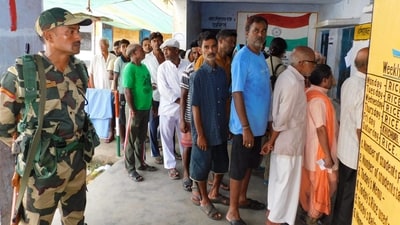 Long queues were seen outside polling booths as early as 6 am with people turning out early amid the intermittent rains.&nbsp; (PTI)
