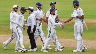 South Zone batters R Sai Kishore and Vyshak Vijaykumar being greeted by North Zone players after win (PTI) South Zone batters R Sai Kishore and Vyshak Vijaykumar being greeted by North Zone players after win (PTI)