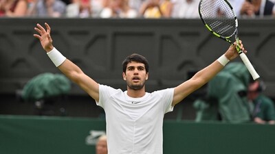 Spain's Carlos Alcaraz celebrates beating Chile's Nicolas Jarry during their men's singles tennis match on the sixth day of the 2023 Wimbledon Championships (AFP) Spain's Carlos Alcaraz celebrates beating Chile's Nicolas Jarry during their men's singles tennis match on the sixth day of the 2023 Wimbledon Championships (AFP)