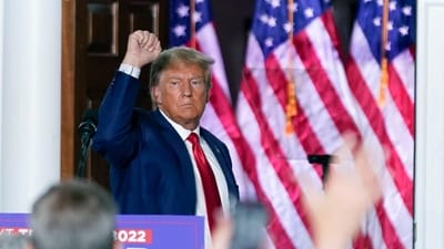 Donald Trump gestures after speaking at Trump National Golf Club in Bedminster. (AP) Donald Trump gestures after speaking at Trump National Golf Club in Bedminster. (AP)