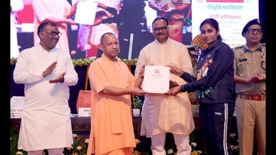 Yogi added sports grounds were being readied in every village panchayat at a war footing to encourage young athletes. He added the revenue department was performing land exchanges for the purpose, and the sports grounds were being established near schools. (Sourced) Yogi added sports grounds were being readied in every village panchayat at a war footing to encourage young athletes. He added the revenue department was performing land exchanges for the purpose, and the sports grounds were being established near schools. (Sourced)