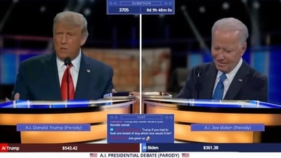 AI Donald Trump vs AI Joe Biden on parody debate. (Image Credit: twitch.tv) AI Donald Trump vs AI Joe Biden on parody debate. (Image Credit: twitch.tv)