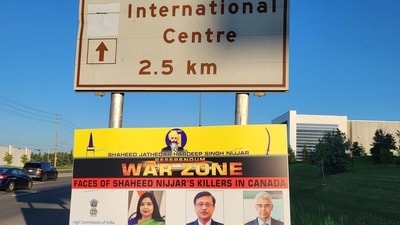 A pro-Khalistan poster threatening Indian diplomats in Canada in front of the Bharat Mata Mandir in the Greater Toronto Area on Friday.