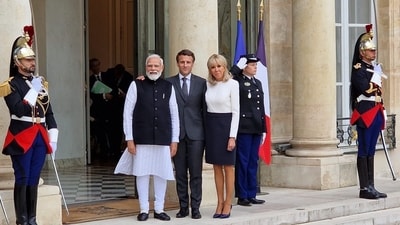 File Photo of Prime Minister Narendra Modi with French President Emmanuel Macron and his wife Brigitte Macron at Elysee Palace. File Photo of Prime Minister Narendra Modi with French President Emmanuel Macron and his wife Brigitte Macron at Elysee Palace.