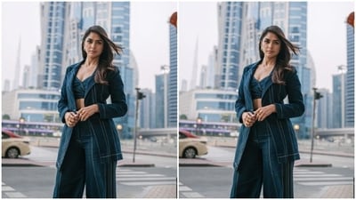Mrunal looked every bit gorgeous in a blue bralette with white details, teamed with a matching blazer and a pair of formal trousers.&nbsp; (Instagram/@mrunalthakur)